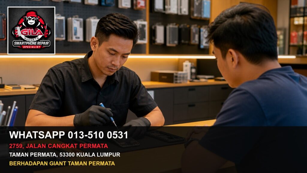 Juruteknik membaiki telefon depan pelanggan di Gila Gadgets Taman Permata