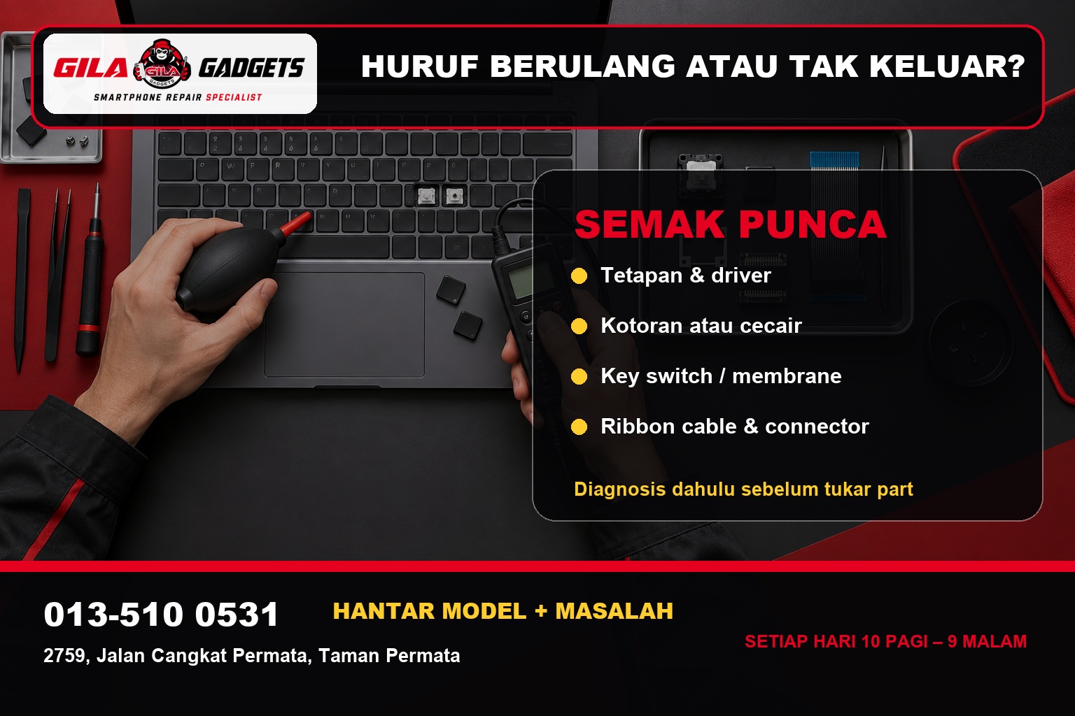 Diagnosis key switch dan ribbon cable keyboard laptop di Gila Gadgets Taman Permata