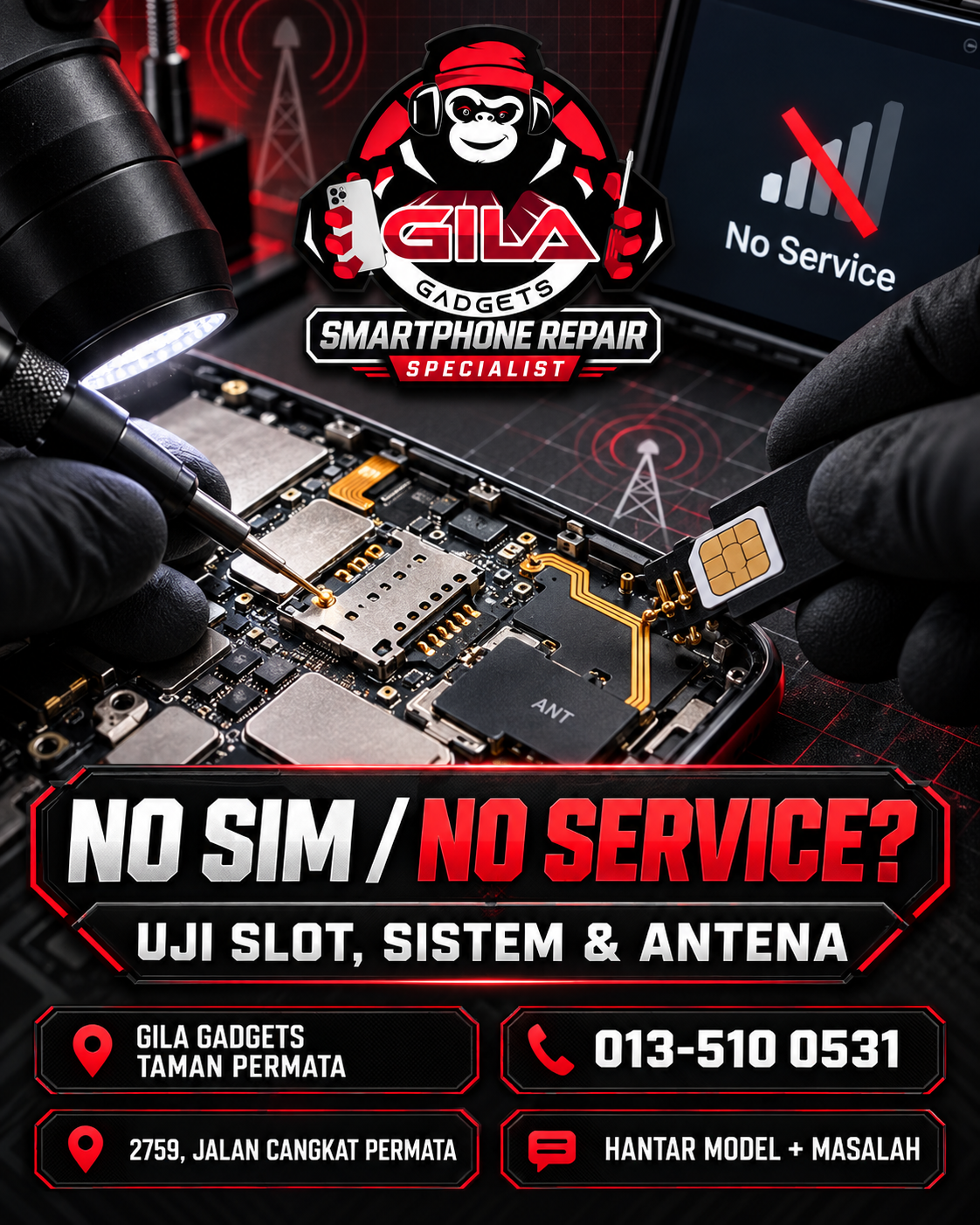 Diagnosis slot SIM dan antena telefon di Gila Gadgets Taman Permata